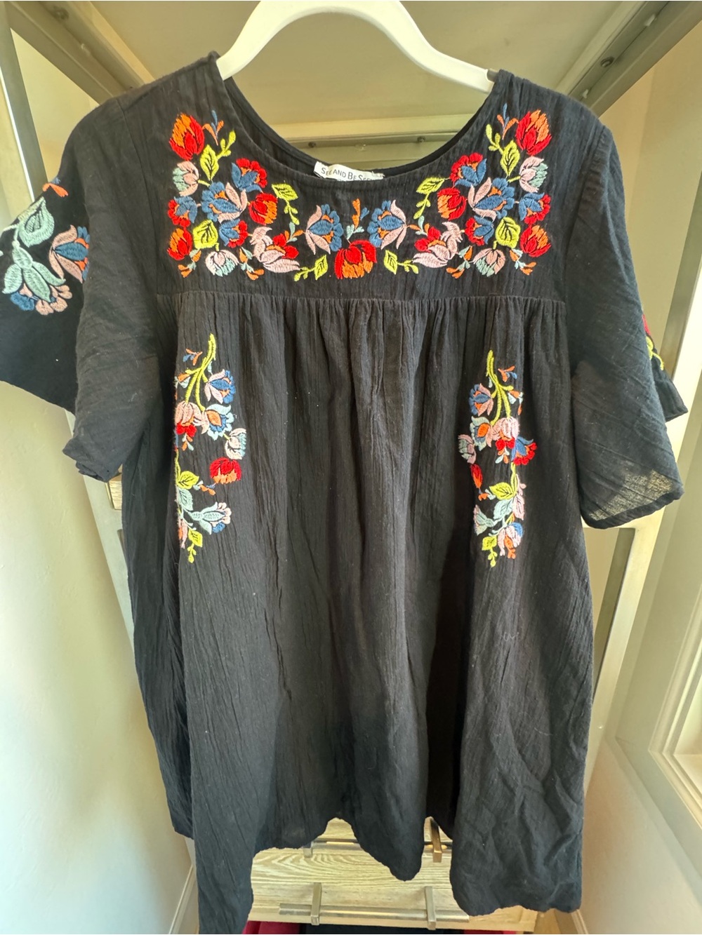 Black Embroidered Mini Dress with Multicolor Floral Accents
